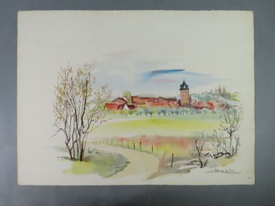 painting of an old farm with a church in the distance