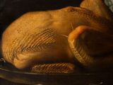 a painting of a turkey in a bowl on a table