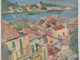 painting of a view of a town with a body of water in the distance