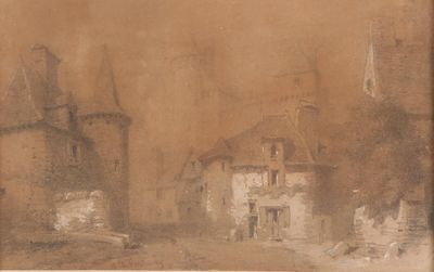 une image représentant un dessin d'un château avec une tour horloge