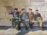 painting of a group of men sitting on a bench in front of a brick wall