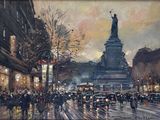 tableau représentant une rue animée de la ville, avec une statue en arrière-plan