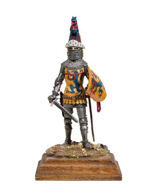 a statue of a knight with a sword and shield on a wooden base