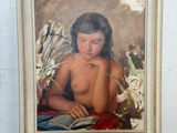 un tableau représentant une femme nue assise sur une table