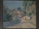 tableau représentant une route de campagne avec une maison et des arbres en arrière-plan