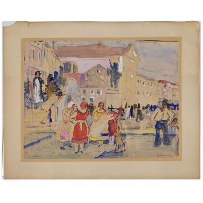 an image of a painting of a group of people walking down a street