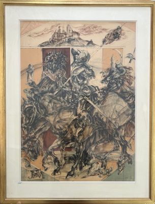 une image d'un tableau représentant un groupe d'hommes à cheval