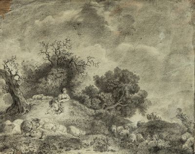 drawing of a landscape with sheep and trees in the foreground