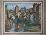 une peinture à l'huile représentant une rivière traversant une ville, avec un château en arrière-plan