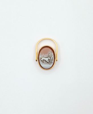 un gros plan d'une bague en or ornée d'un cheval
