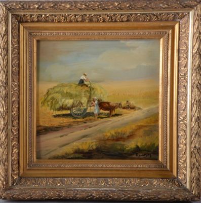an oil painting of a man on a wagon pulled by a cow