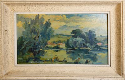 an oil painting of a landscape with trees and a river in the foreground