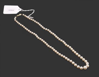 Collier de perles en chute à fermoir en or jaune 18K.