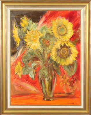 an oil painting of sunflowers in a vase on a table