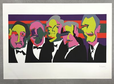 une image représentant un tableau où l'on voit un groupe d'hommes en smoking