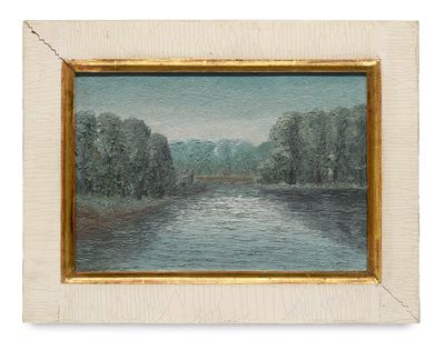 une peinture à l'huile représentant une rivière avec des arbres en arrière-plan