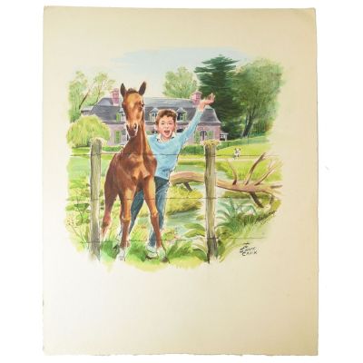 tableau représentant un garçon debout à côté d'un cheval devant une maison