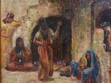 une peinture à l'huile représentant un groupe de personnes assises dans une cour