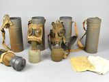 an image of a group of gas masks and other items