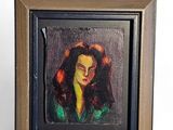 tableau représentant une femme en robe verte, dans un cadre en bois, sur fond blanc