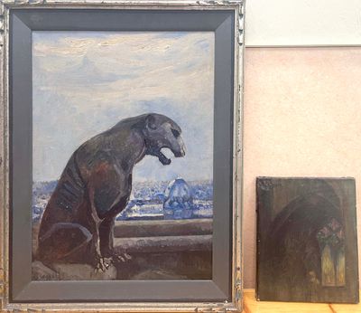 a painting of a dog sitting on a ledge next to a painting of a dog