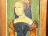 an old painting of a woman in a black dress with a red headband