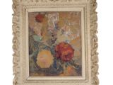 an oil painting of flowers in a white frame on a white background