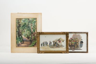 three framed pictures of people walking in a forest with a tent