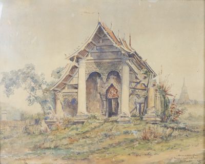 tableau représentant un vieux bâtiment devant lequel se tient un homme