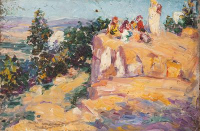 une peinture à l'huile représentant un groupe de personnes assises au sommet d'une colline