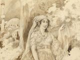drawing of a woman in a dress and headdress standing in front of a tree