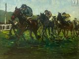 a painting of a group of people riding horses