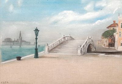a painting of a bridge over a body of water