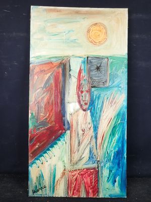 une peinture à l'huile représentant un homme debout devant une porte