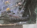 a painting of a man sitting on a bench in the rain
