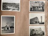 several black and white photos of people standing in front of a church