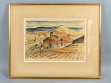 an image of a painting of a house in the middle of a field
