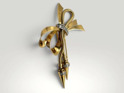 une image représentant une broche en forme de nœud, en or et diamants, sur fond blanc