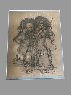 dessin représentant un groupe d'hommes chevauchant à dos de cheval