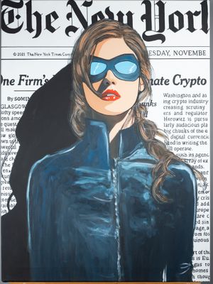 tableau représentant une femme portant un masque et une veste bleue