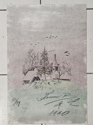 une photo d'un dessin représentant une maison dans la neige