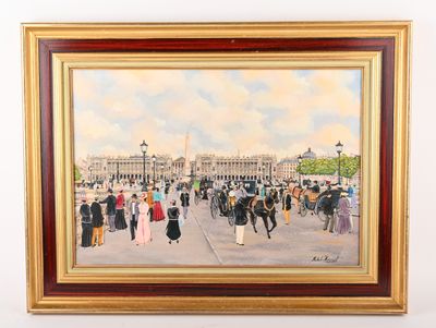 une peinture à l'huile représentant une foule de personnes marchant devant un immeuble