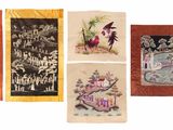 quatre peintures sur soie chinoises représentant un dragon, un cheval et un château