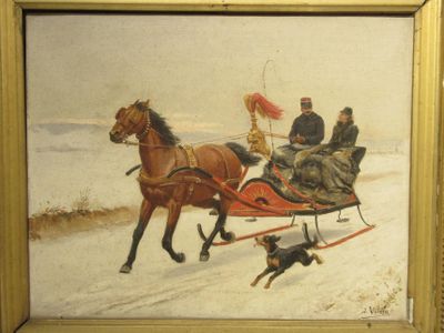 a painting of a horse pulling a sleigh with two people and a dog