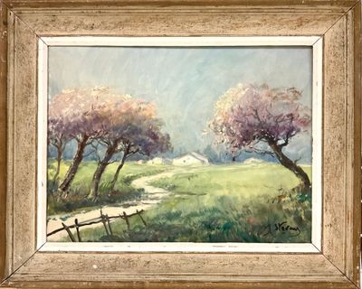 une peinture à l'huile représentant deux arbres dans un champ, avec une clôture