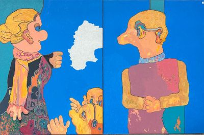 two paintings of a man and a woman on a wall