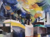 abstract painting of a cityscape with a lot of buildings in the background