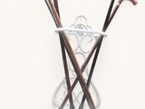 three canes in a glass holder on a white table