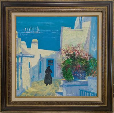 tableau représentant une femme marchant dans une rue, avec un voilier en arrière-plan