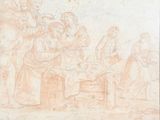 an image of a drawing of a group of people sitting around a table